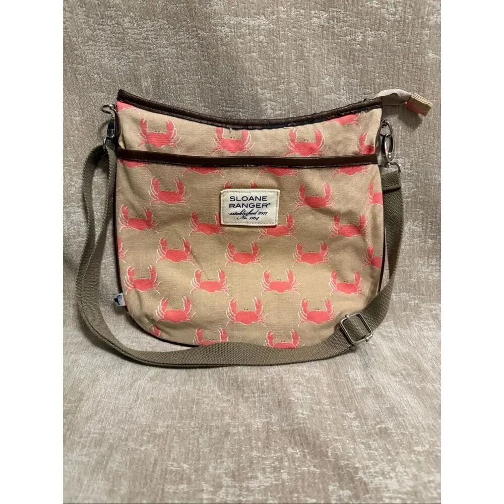 Sloane Ranger Women's Crab Print Canvas Adjustable Crossbody Bag Pink Tan OS